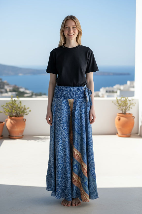 Handmade Navy Blue Boho Palazzo Pants – Flowy Wide-Leg Trousers for Women SM