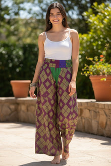  Green & Purple Boho Palazzo Pants – Flared Hippie Box Print Trousers for Women SM