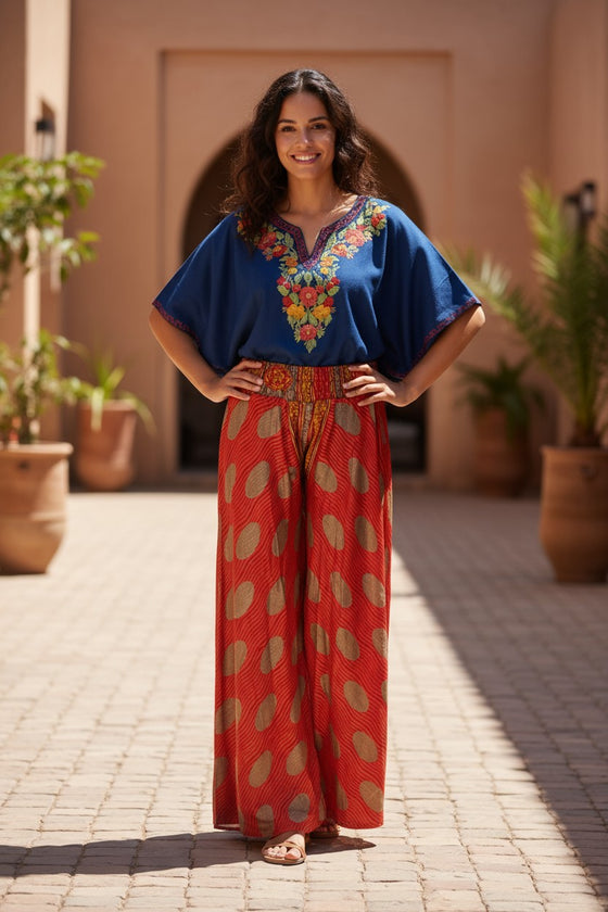 Handcrafted Rose Red Boho Palazzo Pants – Flowing, Graceful & Effortless Style  SM