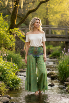  Bohemian Floral Print Palazzo Pants – Handcrafted Sage Green Boho Elegance SM