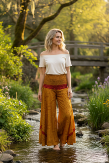  Golden Glow Boho Wide-Leg Pants – Handmade Flowy Split Palazzo for Effortless SM