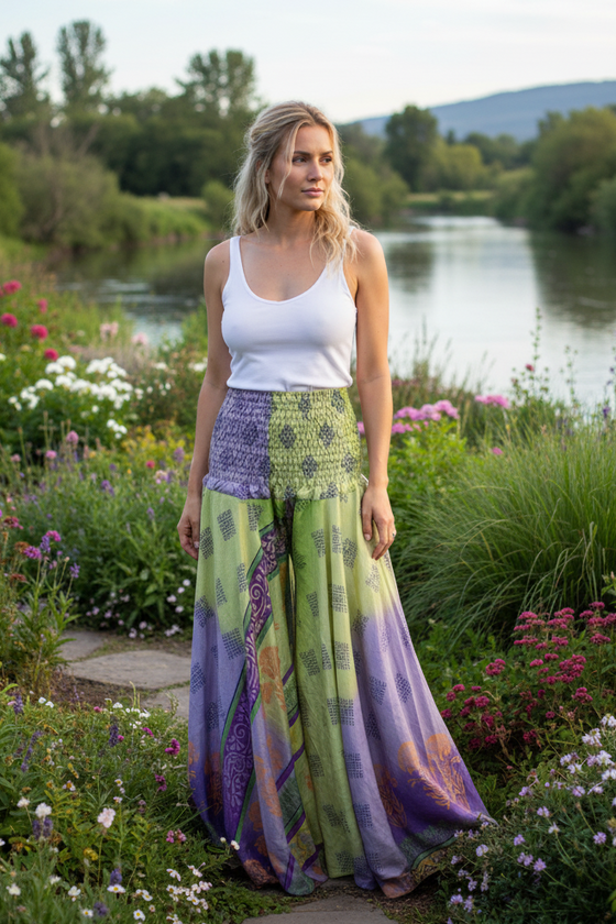 Bohemian Palazzo Pants – Green & Purple Floral Print, Free-Spirited & Flowy Elegance SM
