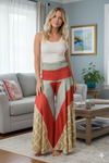 Red & Beige Boho Palazzo Pants – Flowy Wide Leg Pants with Whimsical Floral Print SM