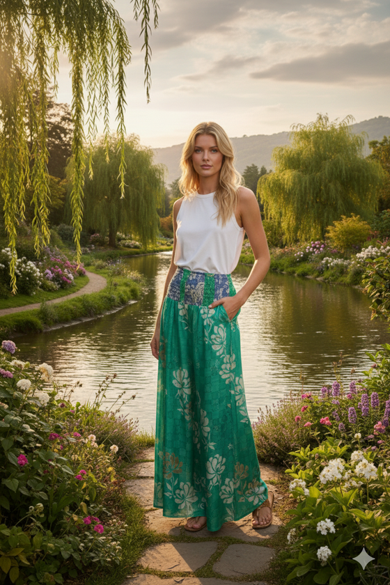 Mint Green Boho Palazzo Pants – Handcrafted Floral Wide Leg Pants for Women  SM