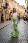 Handcrafted White & Green Floral Boho Palazzo Pants – Flowy Wide-Leg Trousers  SM