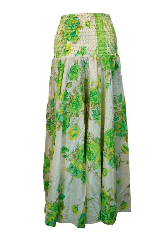Handcrafted White & Green Floral Boho Palazzo Pants – Flowy Wide-Leg Trousers  SM