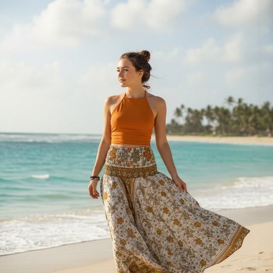 White & Orange Floral Boho Flare Pants – Handmade Flowing Split Skirt Trousers SM