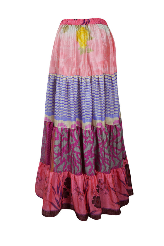 Womens Multi Pink Floral Beach Maxi Skirt Patchwork Boho Skirts S/M