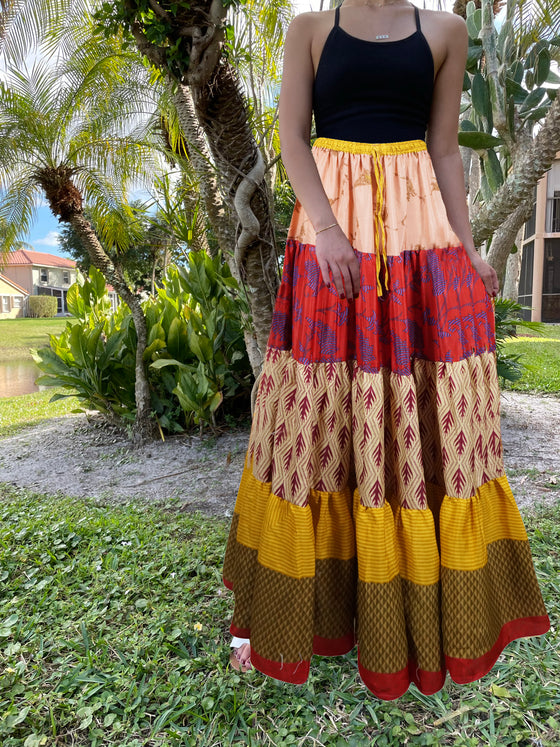 Women's Red, Pink Floral Patchwork Boho Maxi Skirt  Beach Style S/M
