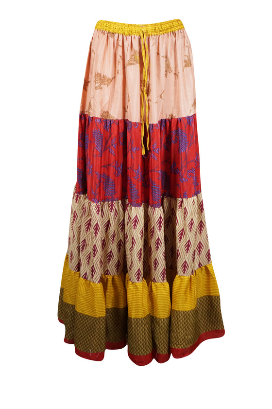 Women's Skirt Red Pink Floral Patchwork Boho Maxi Skirt Beach Style S/M