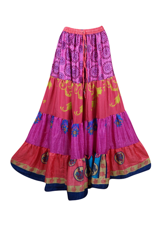 Women's Skirt Dark Pink Floral Maxi Skirt Patchwork Boho Skirts S/M