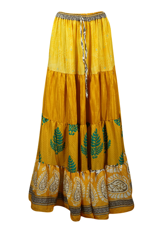 Women's Skirt Mustard Yellow  Floral Patchwork Boho Maxi Skirt Beach Style S/M