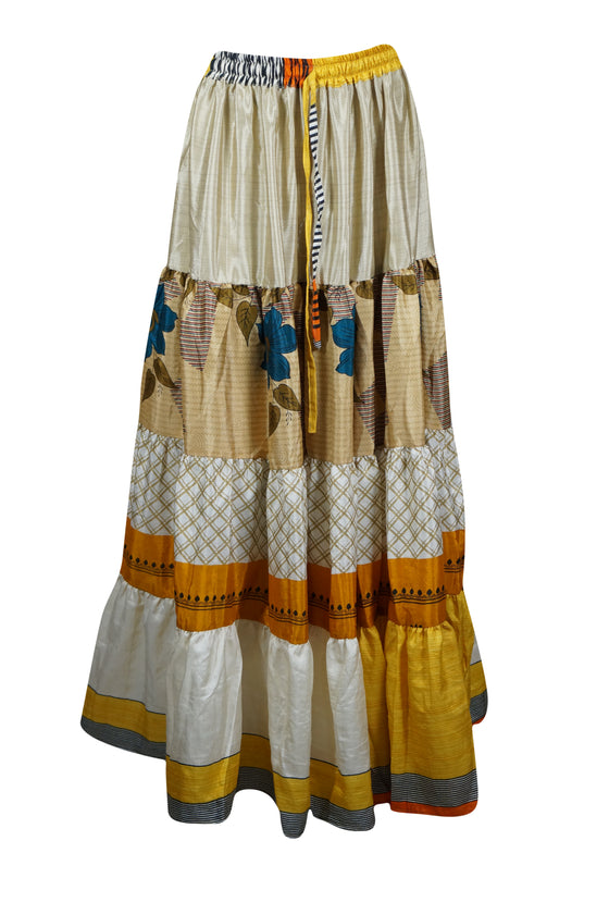 Women's Skirt Beige Yellow Floral Maxi Skirt Patchwork Boho Skirts S/M