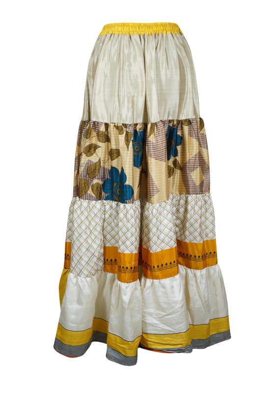 Women's Skirt Beige Yellow Floral Maxi Skirt Patchwork Boho Skirts S/M