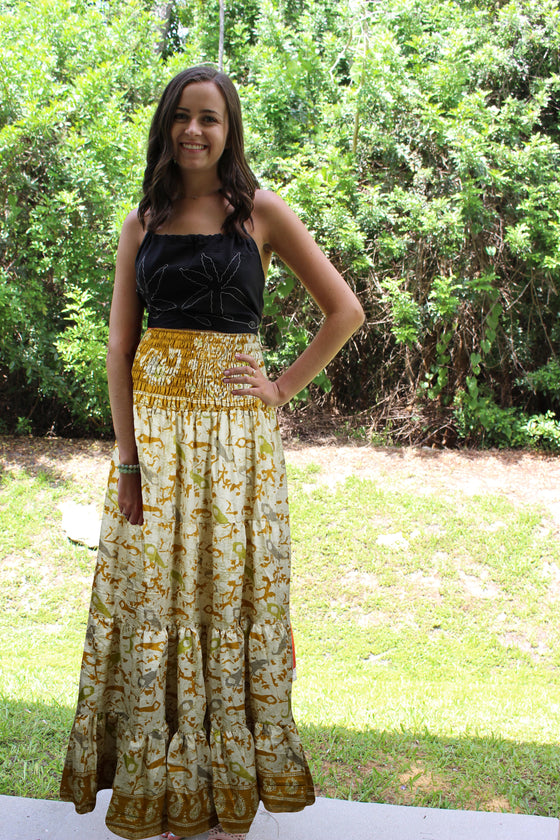 Womens Gold printed Beach Long Skirt Patchwork Boho Skirts S/M