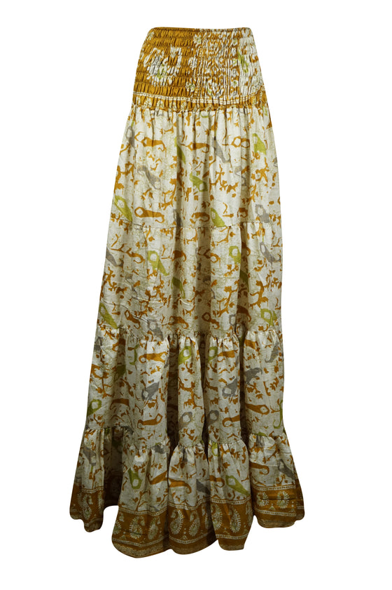 Women's Skirt  Gold printed Beach Long Skirt Patchwork Boho Skirts S/M