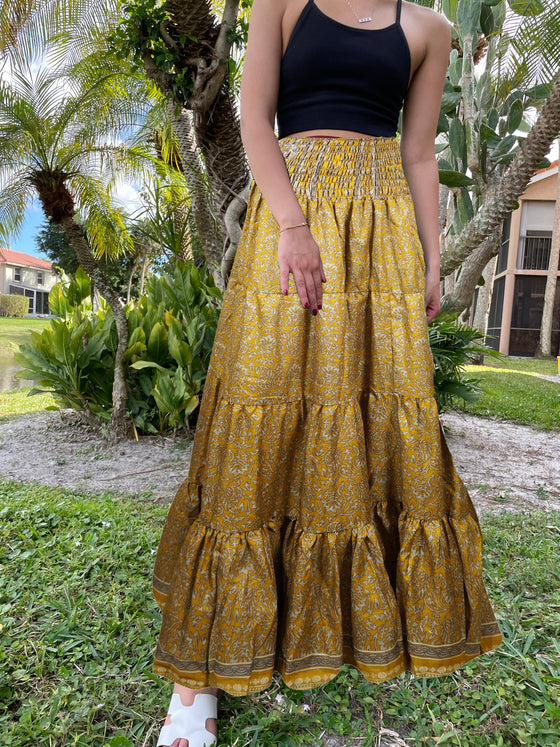 Womens  Gold Floral printed Long Skirt Beach Boho Skirts S/M