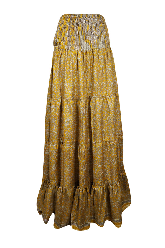 Womens  Gold Floral printed Long Skirt Beach Boho Skirts S/M