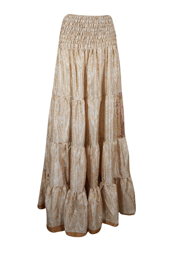 Womens Beige Floral printed Long Skirt Beach Boho Skirts S/M