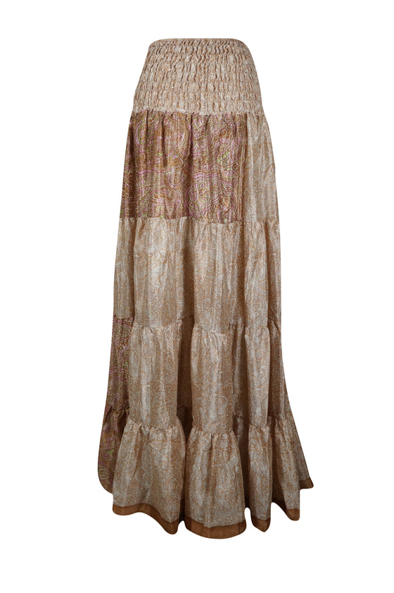 Womens Beige Floral printed Long Skirt Beach Boho Skirts S/M