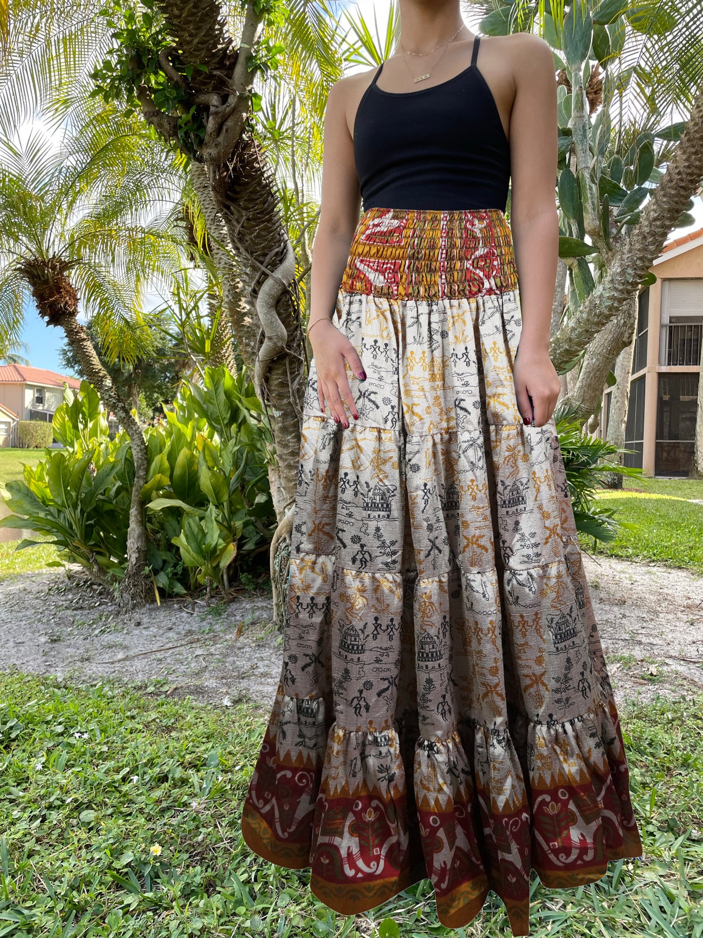 Handmade Bohemian Long Skirt – Flowy A-Line Maxi with Smocked