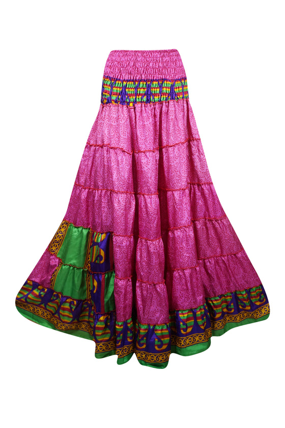 Womens Barbie Pink Floral Beach Maxi Skirt Patchwork Boho Skirts S/M