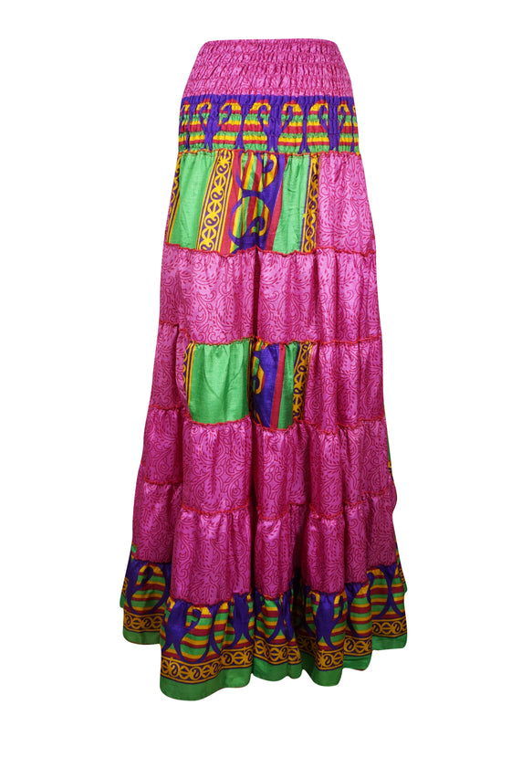Womens Barbie Pink Floral Beach Maxi Skirt Patchwork Boho Skirts S/M