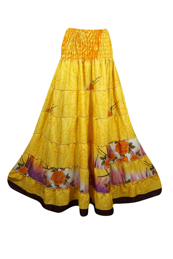 Womens Tuscany Yellow Floral Beach Maxi Skirt Patchwork Boho Skirt Dress S/M