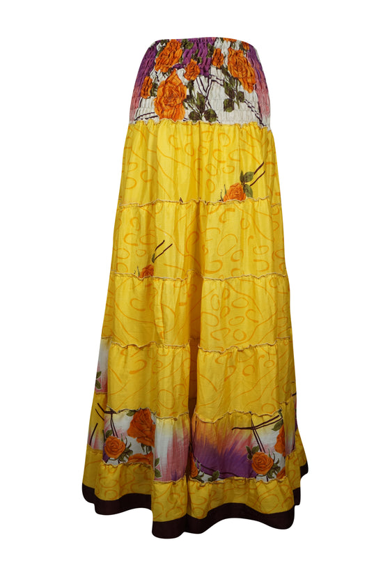 Womens Tuscany Yellow Floral Beach Maxi Skirt Patchwork Boho Skirt Dress S/M