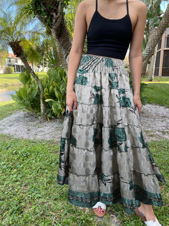 Womens Gray Green Floral Beach Maxi Skirt Patchwork Boho Skirt Dress S/M