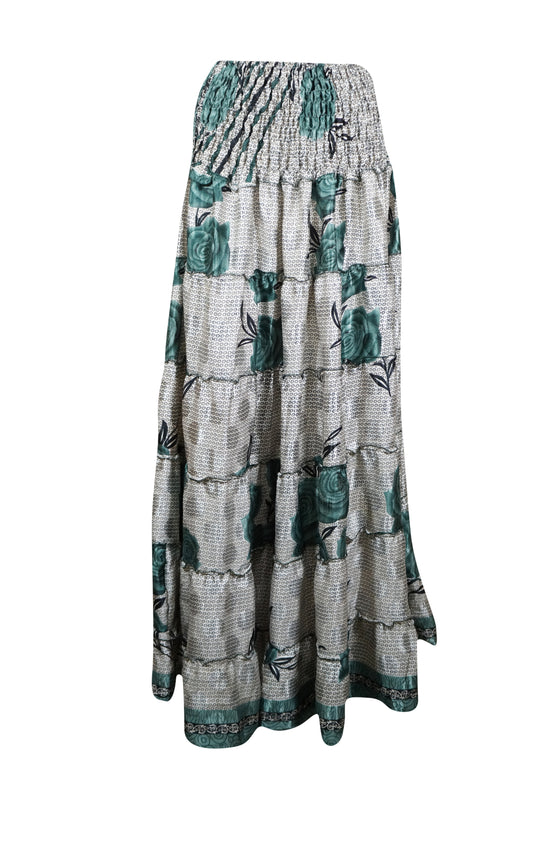 Womens Gray Green Floral Beach Maxi Skirt Patchwork Boho Skirt Dress S/M