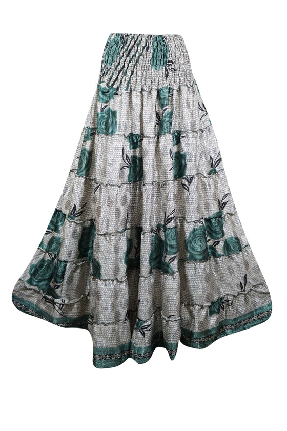 Womens Gray Green Floral Beach Maxi Skirt Patchwork Boho Skirt Dress S/M