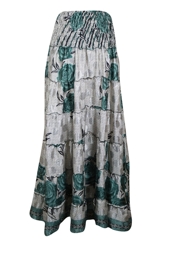 Womens Gray Green Floral Beach Maxi Skirt Patchwork Boho Skirt Dress S/M