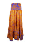 Summer Orange Floral Beach Maxi Skirt Patchwork Boho Skirt Dress S/M