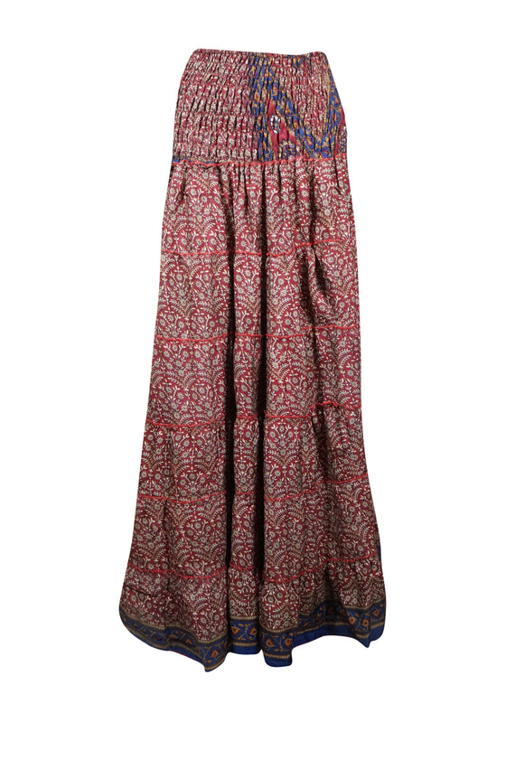 Summer Red Floral Beach Maxi Skirt Patchwork Boho Skirt Dress S/M