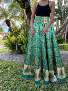  Womens Pine Green Floral  Beach Maxi Skirt Patchwork Boho Skirt Dress S/M