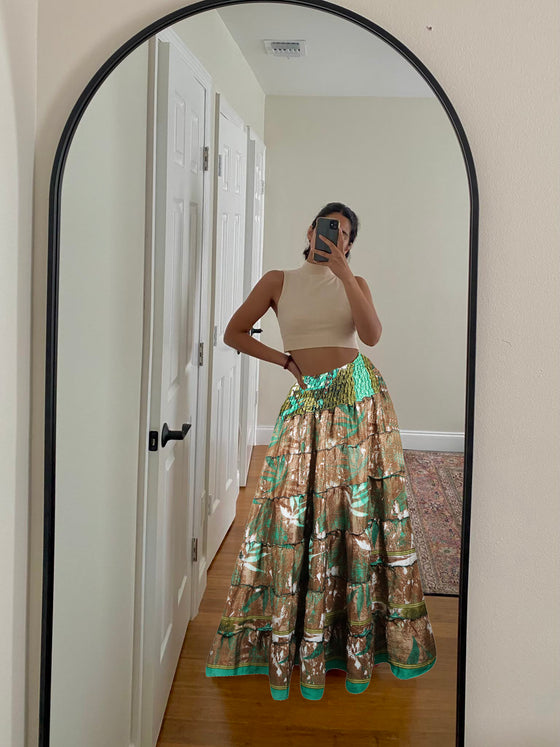 Bohemian Emerald Green, Brown Floral Beach Maxi Skirt Stylish Boho Skirt Dress S/M