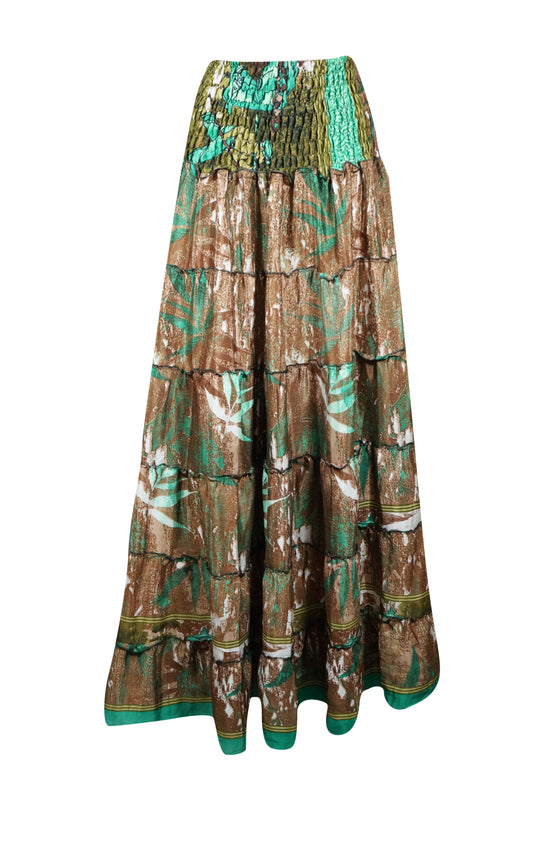 Bohemian Emerald Green, Brown Floral Beach Maxi Skirt Stylish Boho Skirt Dress S/M