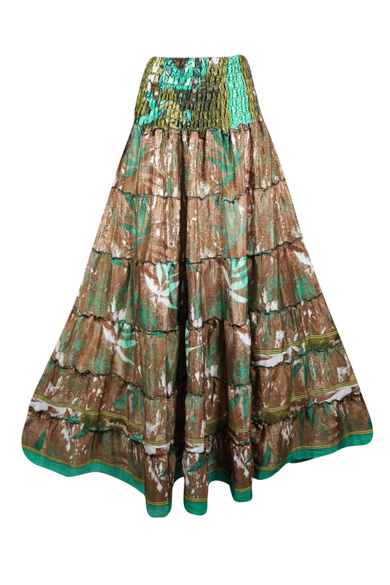 Bohemian Emerald Green, Brown Floral Beach Maxi Skirt Stylish Boho Skirt Dress S/M