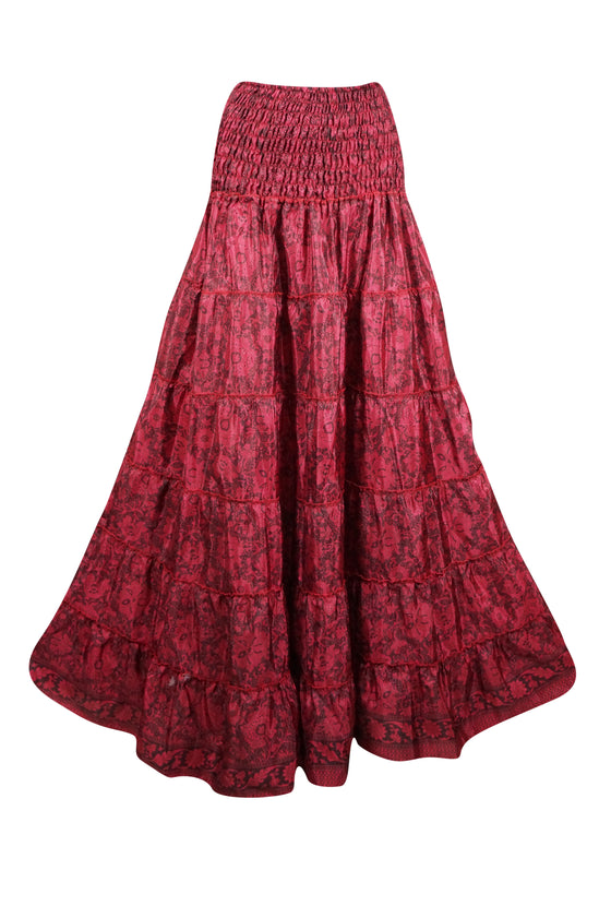 Bohemian Crimson Red Floral  Beach Maxi Skirt Stylish Boho Skirt Dress S/M