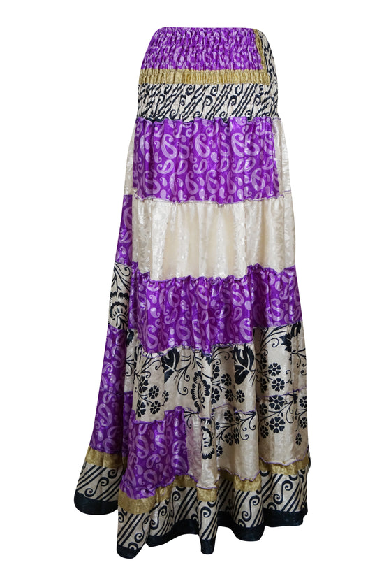 Bohemian White, Purple Floral Beach Maxi Skirt Stylish Boho Skirt Dress S/M