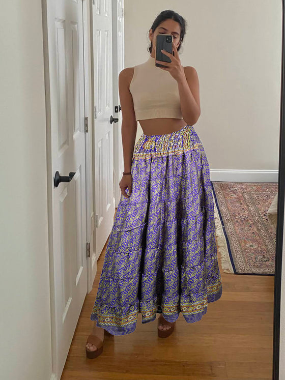 Summer Purple Floral Beach Maxi Skirt Patchwork Boho Skirt Dress S/M