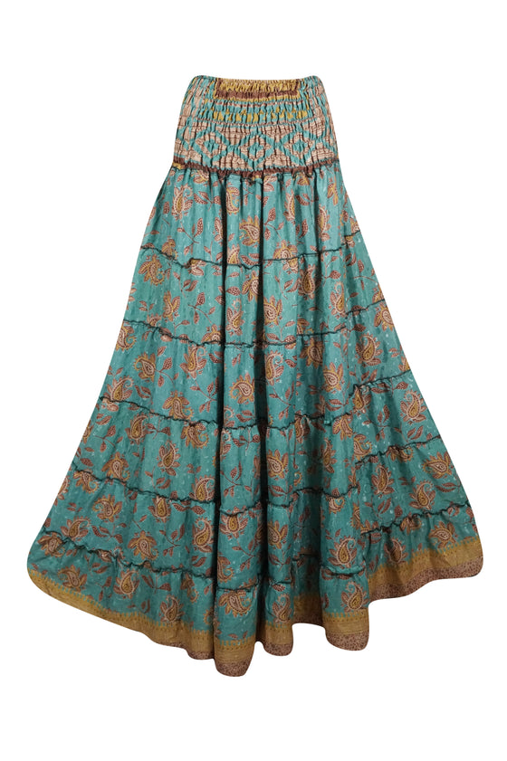 Bohemian Mint Blue Floral Beach Maxi Skirt Stylish Boho Skirt Dress S/M