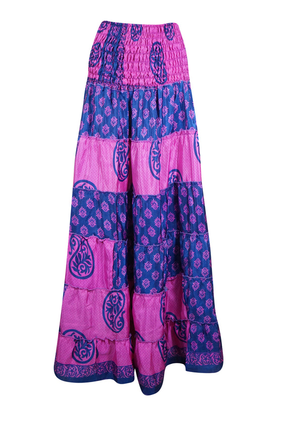 Summer Pink Blue Floral Beach Maxi Skirt Patchwork Boho Skirt Dress S/M
