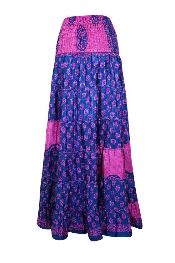 Summer Pink Blue Floral Beach Maxi Skirt Patchwork Boho Skirt Dress S/M