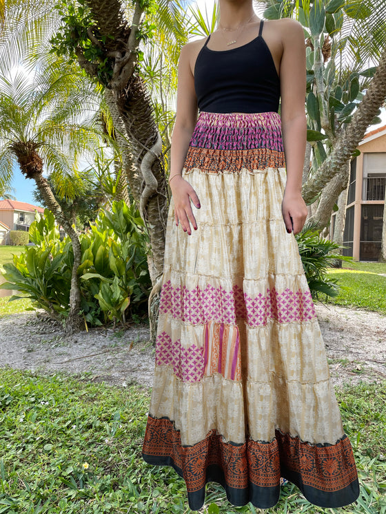Summer Pink Beige Floral Beach Maxi Skirt Patchwork Boho Skirt Dress S/M