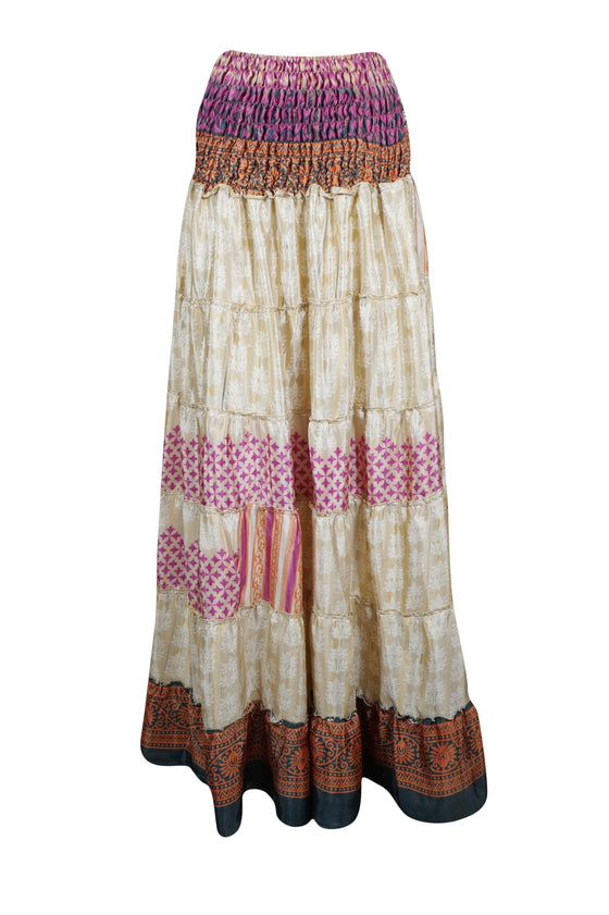 Summer Pink Beige Floral Beach Maxi Skirt Patchwork Boho Skirt Dress S/M
