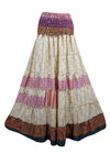 Summer Pink Beige Floral Beach Maxi Skirt Patchwork Boho Skirt Dress S/M