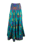 Summer Sea Blue Floral Beach Maxi Skirt Patchwork Boho Skirt Dress S/M