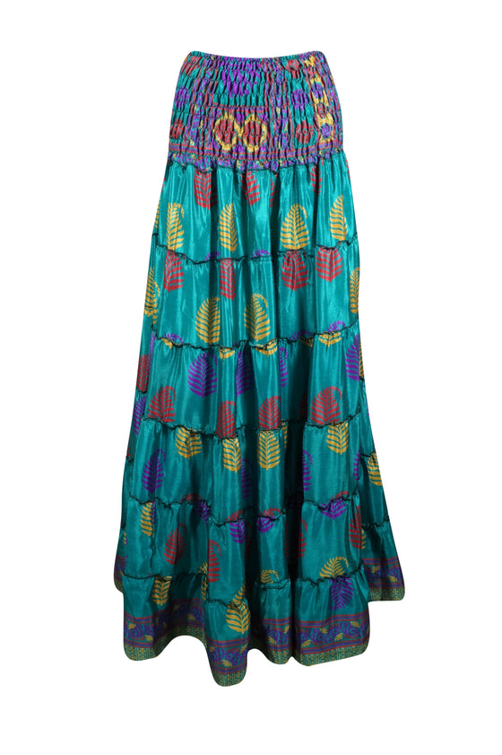 Summer Sea Blue Floral Beach Maxi Skirt Patchwork Boho Skirt Dress S/M